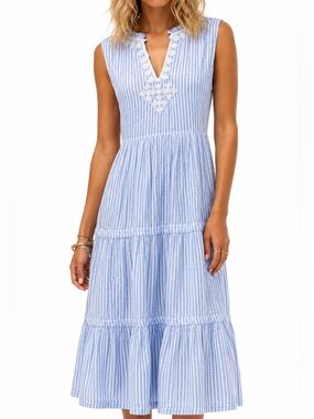 Johnny Was Calme Tiered V-Neck Midi Dress Blue Carana stripe sz XS COTTON